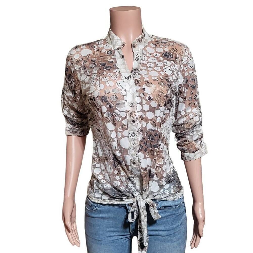 Pulp button down tie front abstract 3/4 sleeve mandarin collar top S